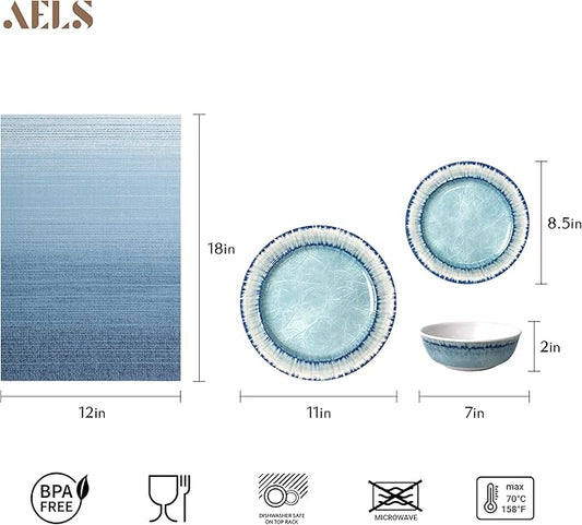 AELS Melamine Dinnerware Set of 12 Pcs Dinner Dishes Set with 4 Placemats for Indoor and Outdoor Use, Dishwasher Safe, Lightweight Unbreakable, BPA Free, Light Blue