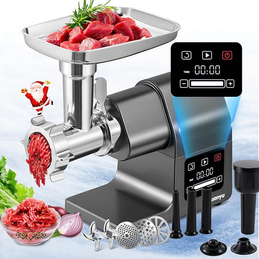 Huanyu Meat Grinder Electric 2000W Max Power Heavy Duty with Touchscreen, 2 Blades, 3 Plates, Sausage Tubes and Kubbe Kit #10 Outlet for Home Use