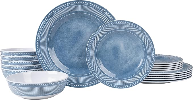 AELS Melamine Dinnerware Set of 18 Pcs, Dinner Dishes Set for Indoor and Outdoor Use, Melamine Plates and Bowls Set for 6, Dishwasher Safe, Lightweight Unbreakable, BPA Free, Soft Blue