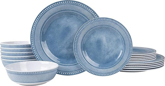 AELS Melamine Dinnerware Set of 18 Pcs, Dinner Dishes Set for Indoor and Outdoor Use, Melamine Plates and Bowls Set for 6, Dishwasher Safe, Lightweight Unbreakable, BPA Free, Soft Blue