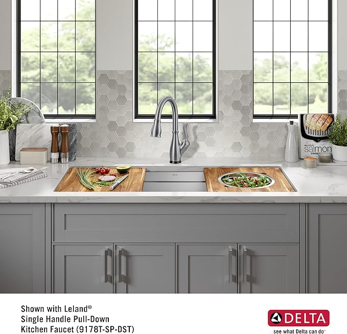 DELTA FAUCET Lorelai 45-inch Workstation Kitchen Sink Undermount 16 Gauge Stainless Steel Single Bowl with 2-Tier WorkFlow Ledge and Chef’s Kit of 11 Accessories, 95BA132-45S-SS