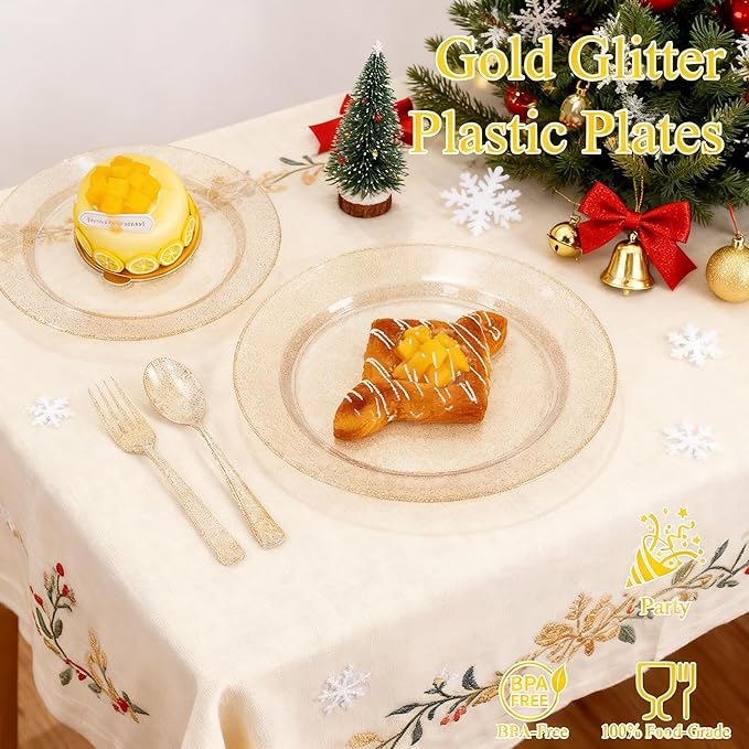 WDF 200PCS Gold Plastic Plates - Gold Glitter Plastic Plates - Heavy Duty Gold Glitter Disposable Plates - Include 100 Dinner Plates 10" and 100 Dessert Plate 7" for Thanksgiving Parties/Wedding