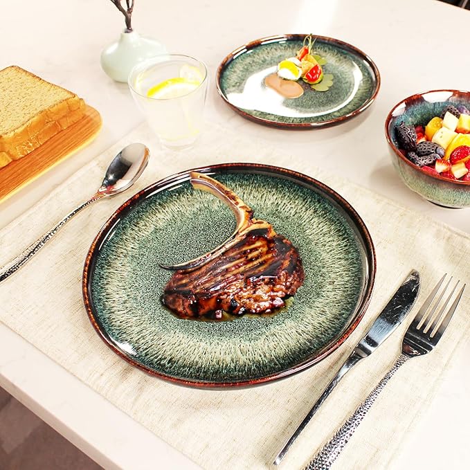 Dinner Set 12 Pieces - Round Reactive Glaze Tableware - Kitchen Dinnerware Porcelain Crockery with Dinner Plate, Bowl and Soup Plate Service for 4, Microwave Dishwasher Safe, Set (No.1)