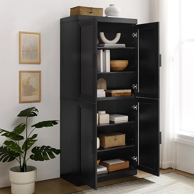 Crosley Furniture Essen Kitchen Pantry Storage Cabinet with Doors and Shelves, Entryway, Bathroom, Black