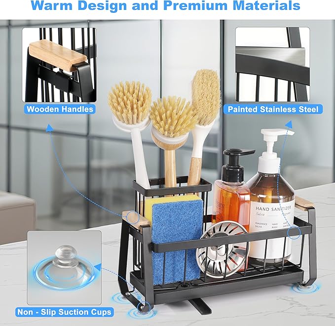 Kitchen Sink Organizer with Dish Brush Holder and Soap Sponge Holder, Stainless Steel Sink Caddy with Suction Cup, Non-Slip Dish Soap Organizer for Kitchen Countertop Storage Essentials