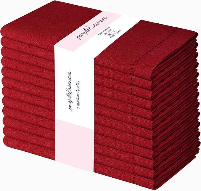 PurpleEssences Set of 12 Hemstitch Cloth Dinner Napkins 100% Cotton - Soft Durable Washable - Ideal for Wedding Fall Thanksgiving - Perfect Everyday Use Table Linen 18x18 - Red
