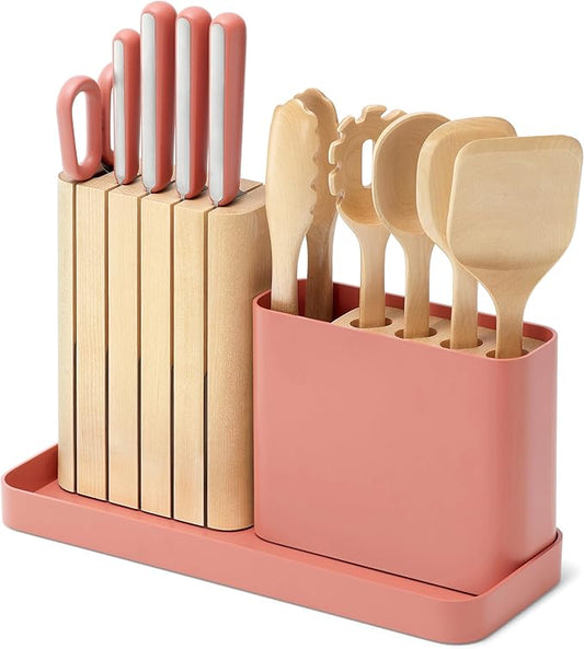 Caraway 14-Piece Kitchen Prep Set - Kitchen Knife Set & Wooden Utensil Set - Made With Premium German Steel Blades & FSC-Certified Birch Wood - Non-Toxic Materials - Includes Organizer - Perracotta