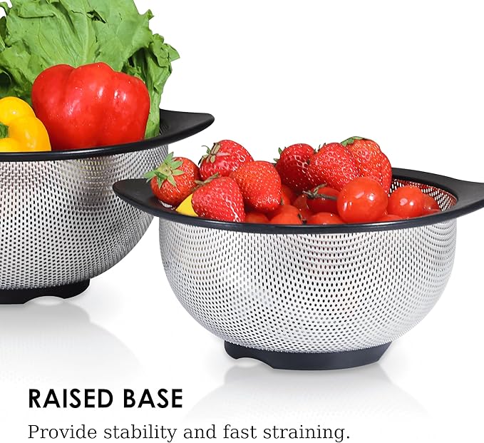Rorence Stainless Steel Colanders Set for Kitchen - 2.5 and 4.3 Quart Capacities Kitchen Strainer Set of 2 with Black Non-Slip Handles