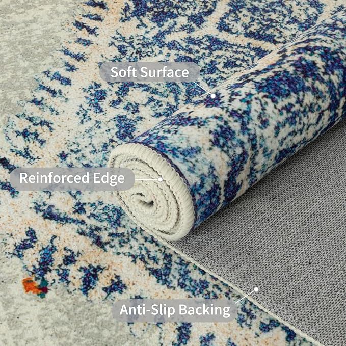 Easy-Going Area Rug 5x7 Washable Boho Rugs for Living Room Non-Slip Bedroom Rug Low Pile Lightweight Medallion Distressed Throw Rug for Dining Room Kitchen Home Office Carpet, Vintage Blue Cream