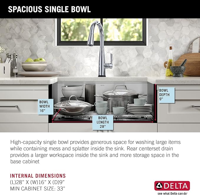 DELTA FAUCET Rivet 30-Inch Workstation Kitchen Sink Undermount 16 Gauge Stainless Steel Single Bowl with WorkFlow Ledge and Chef’s Kit of 6 Accessories, 95B931-30S-SS