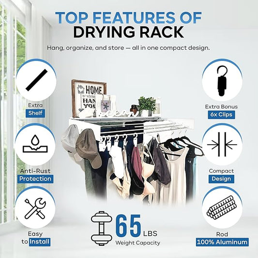 40" Premium Aluminum Foldable Clothes Drying Rack Included Shelf with 6 Rods & 6 Extra Clips - Large Laundry Rack | 65 LBs Capacity Space-Saving Collapsible Design for Indoor Outdoor Use