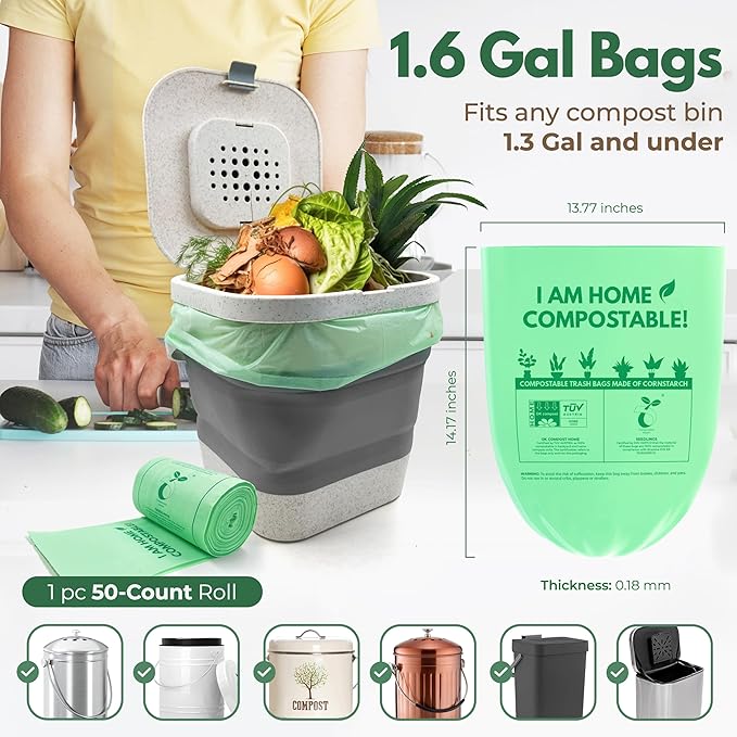 50 Small Compost Bags for Countertop Bin 1.6 Gal - Cornstarch Compost Trash Bags - Leakproof & Tear Resistant Compostable Bags for Kitchen Compost Bin - OK Compost Home & Seedlings Certified