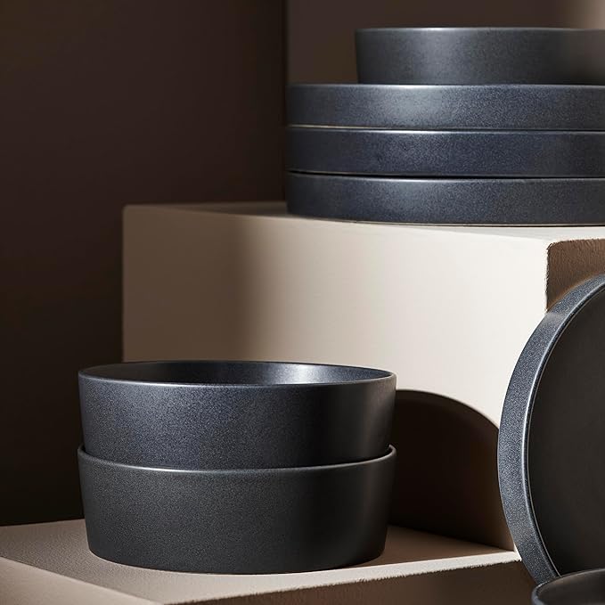 Stone by Mercer Project MODAN 12-Piece Stoneware Dinnerware Set, Plates and Bowls Sets, Dish Set for 4, Charcoal