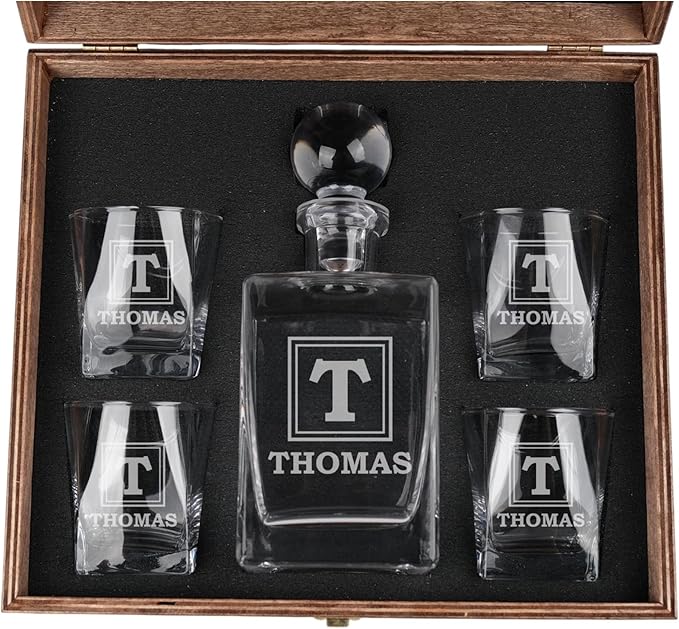 Personalized Whiskey Decanter Set with Custom Whiskey Glasses - Personalized Gifts for Men With Engraved Wooden Box and Whiskey Stones