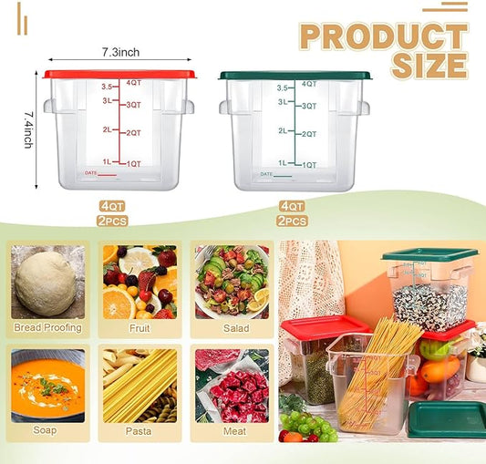 Maxcheck 4 Pcs 4qt Food Storage Container with Lids Bulk Clear Commercial Food Storage Bins with Scale Handle Space Saving Restaurant Tubs for Kitchen Prep Proof Dough Marinating Meat(Red, Green)