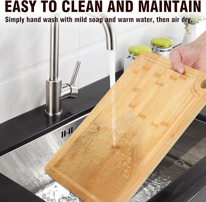 Sentk 3Pcs Bamboo Cutting Boards for Kitchen,Wooden Cutting Boards with Juice Grooves,Built-in Handles & Hanging Holes,Knife Friendly,Ideal for Chopping Meat、Vegetables and Fruit Serving，Kitchen Gift