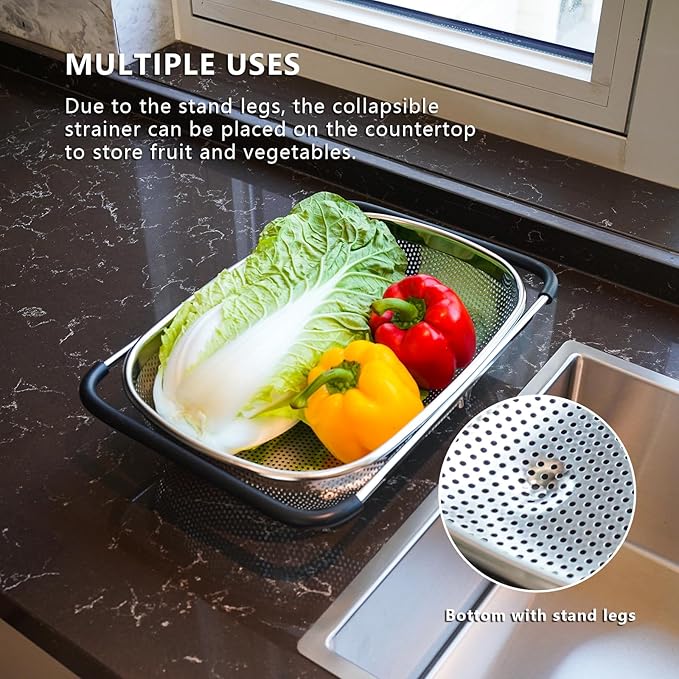 REDANT Over the Sink Metal Strainer and Colander for Kitchen - Large Food Strainers and Colanders with Rubber Grip - Sieve Fine Mesh Stainless Steel for Spaghetti, Pasta, Rice, Fruits, Vegetables