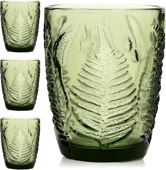 Vintage Drinking Glasses Set Of 4-10 oz Textured Green Glass Cups, Cute Green Glassware for Home & Bar, Retro Style Embossed Drinkware, Unique Decorative Cocktail Cup Sets - Heavy Duty & Durable