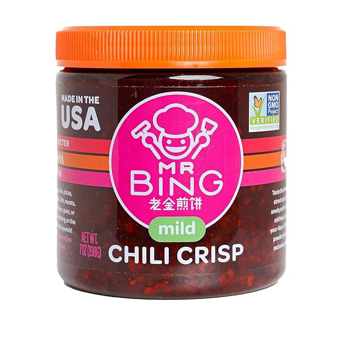 Mr Bing Chili Crisp | Mild - Delicious, Flavorful & Crunchy Chili Oil - Made in USA Chili Paste Hot Sauce - Gluten Free, Vegan, No MSG, Non-GMO Oil - (7 oz.)