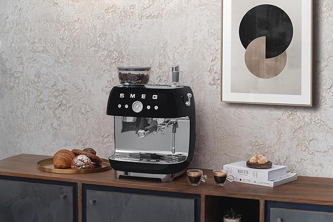 Smeg EGF03 Semi-Automatic Espresso Machine with Built-In Grinder, Dual Thermoblock, 50’s Retro Style – Black (120 V)