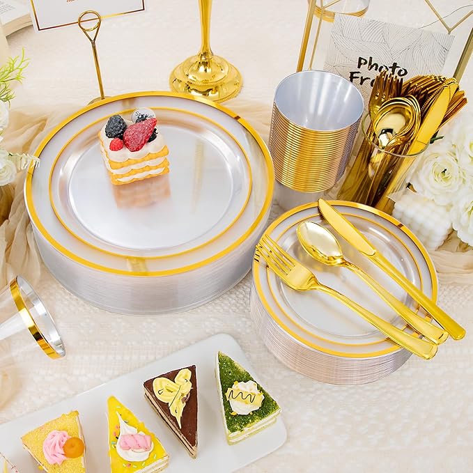 WELLIFE 600 PCS Clear Gold Disposable Dinnerware Set for 100 Guests, Clear and Gold Plastic Plates, Gold rimmed Plastic Dinner & Salad Plates,Cups,Silverware Set for Wedding