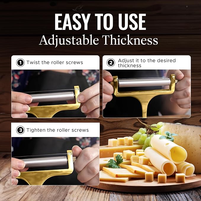 Zulay Kitchen Cheese Slicer With Adjustable Thickness – Heavy Duty Block Slicer with 2 Extra Wires – Ideal for Mozzarella, Cheddar, Gouda - Gold