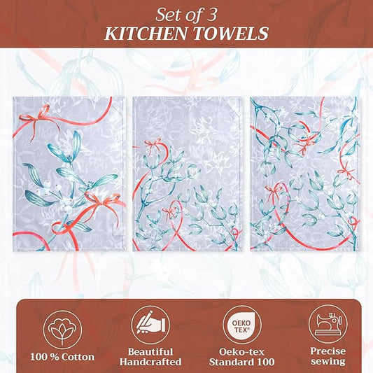 Maison d' Hermine Kitchen Towels Set of 3 100% Cotton 20" x 27.5" Reusable Cloth Tea Dish Towels Absorbent with Hanging Loop for Kitchen Dining Thanksgiving Christmas Decorations (Enora)