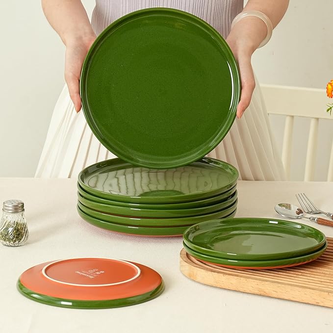 8-Inch Plates Set of 4, Dual Glaze Stoneware Plate, Microwave and Dishwasher Safe, Ceramic Plates for Salads & Desserts, Forest Glaze Green
