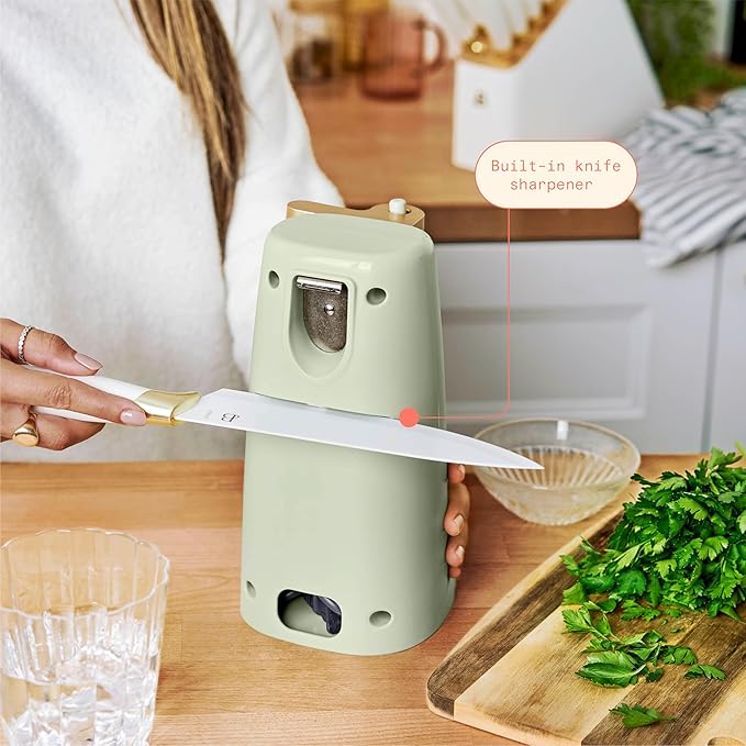 Beautiful Easy-Prep Electric Can Opener, Stainless Steel Blade, Built-in Knife Sharpener, Auto-Stop Safety, Cord Storage by Drew Barrymore (Sage green)