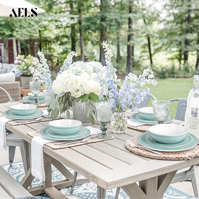 AELS Melamine Dinnerware Set of 18 Pcs, Dinner Dishes Set for Indoor and Outdoor Use, Melamine Plates and Bowls Set for 6, Dishwasher Safe, Lightweight Unbreakable, BPA Free, Green