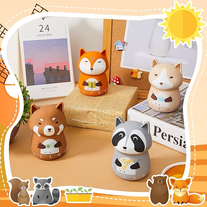 Amylove 4 Pieces Cute Kitchen Timer Animal Mechanical Manual Fox Raccoon Bear Wolf 60 Minutes Loud Alarm Egg Windup Timer for Adults Christmas Home Cooking Baking Fitness Beauty