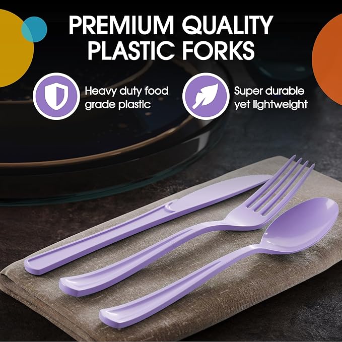 Party Solids Lavender Plastic Silverware Heavy Duty 150 Pieces Lavender Disposable Silverware Heavy Duty, Utensil Sets, 50 Of Each Forks, Knives & Spoons Disposable Cutlery Set For Party Supplies