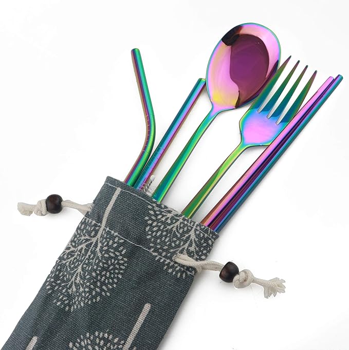 304 Stainless Steel Flatware Set Reusable Utensils Set with Straws Portable Travel for Camping Hiking,Dishwasher Safe,Set of 7, Mirror Colorful Rainbow