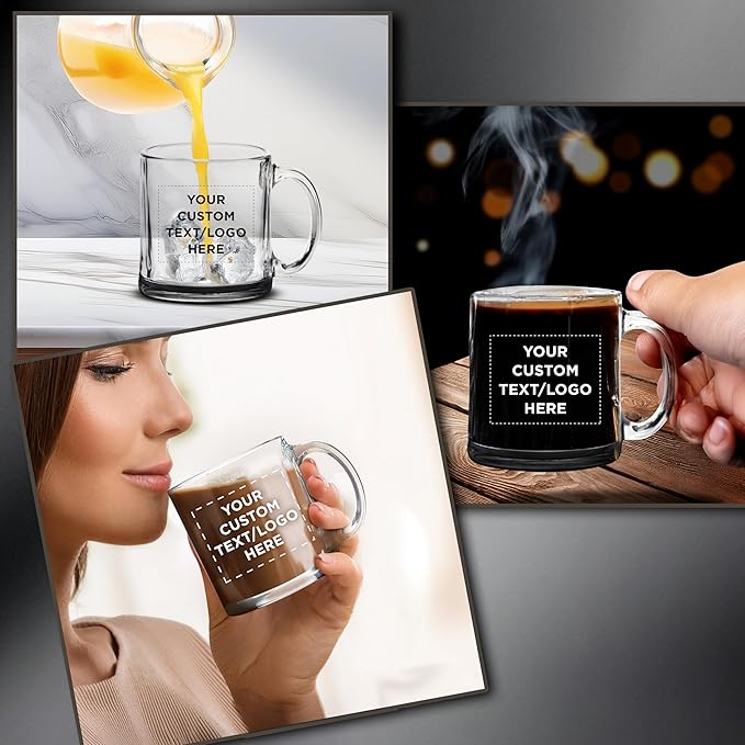 Custom Libbey Clear Glass Coffee Mugs 13 oz. Set of 10, Personalized Bulk Pack - Perfect for Coffee, Tea, Espresso, Hot Cocoa, Other Beverages - Black Bottom