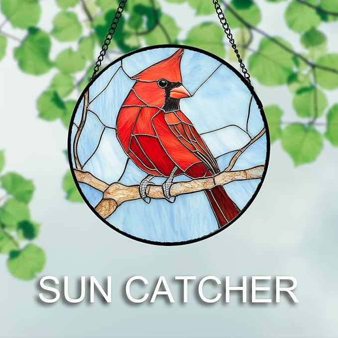 Stained Glass Window Hanging 4 Pcs Set Cardinal Blue Birds 6.3" - Suncatcher Door Garden Sun Catcher Decor Birthday Mother's Day for Bird Lovers Men Woman Nana Friend