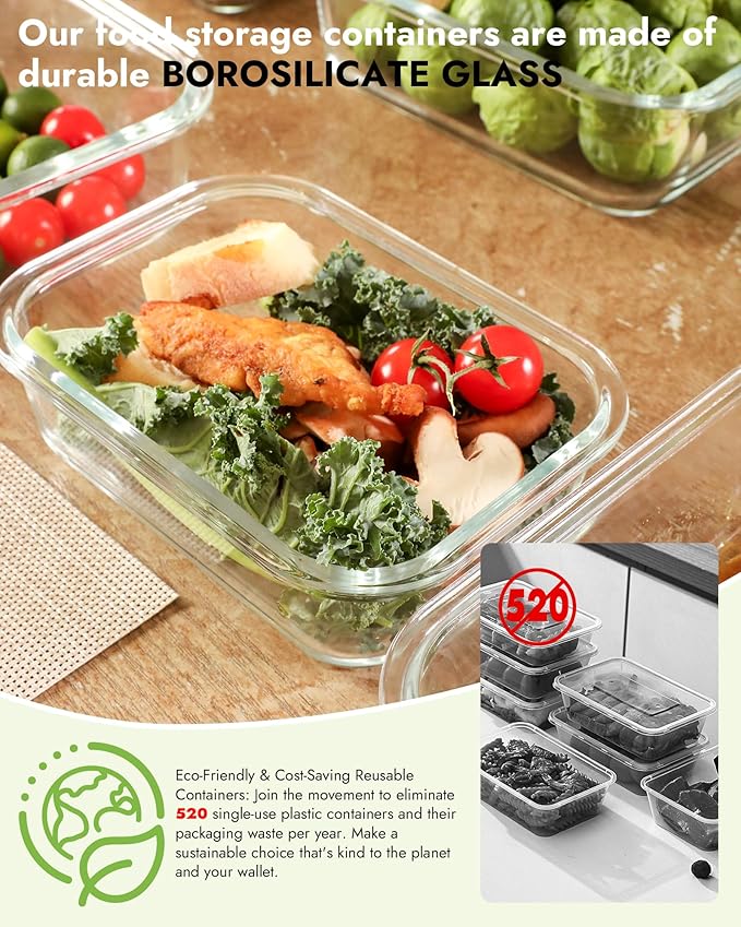12-Pack Glass Containers with Tempered Lids – Borosilicate, Oven-Safe, Airtight, BPA-Free, Multi-Size for Meal Prep, Dishwasher Safe (Blue)