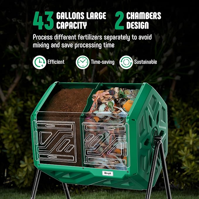 43 Gallon Compost Bin with Gloves, Fast Assembly & Easy Setup Outdoor Compost Tumbler, Updated Dual Chamber Tumbling Composter for for Garden, Kitchen, and Yard Waste, Green