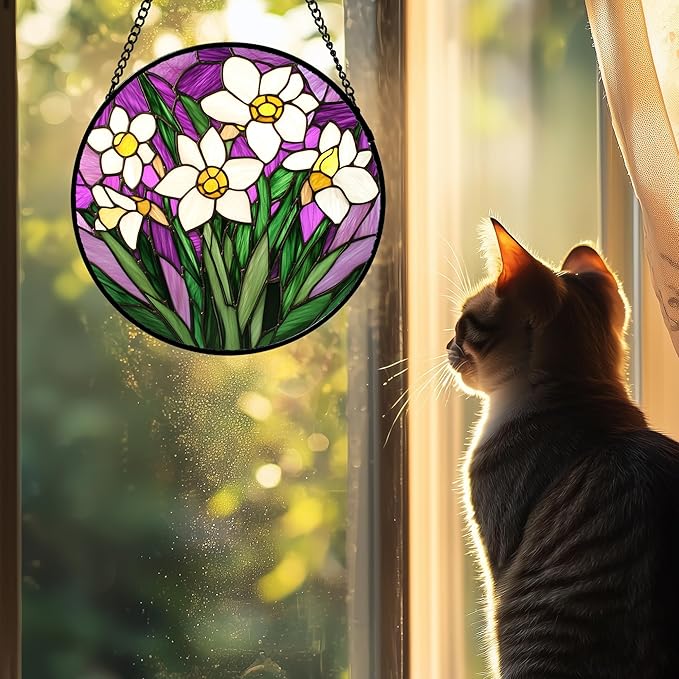 Stained Glass Window Hanging 4 Pcs Set Tulips Plum Flower Daffodils Hyacinths 7.8" - Suncatcher Door Garden Sun Catcher Decor Birthday Mother's Day for Mom Woman Nana
