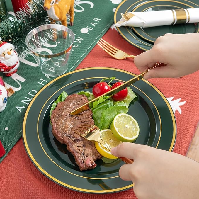 350PCS Green and Gold Plates - Green Plastic Plates 50Guests Plastic Christmas Plate with Rolled Napkins for Party/Christmas/Birthday