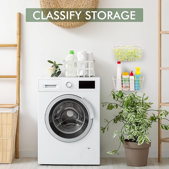 Wire Hanging Wall Basket, 4 White Baskets Set Adhesive Wall Mount Organizer for Pantry Kitchen RV Bathroom Cabinet Storage Organization