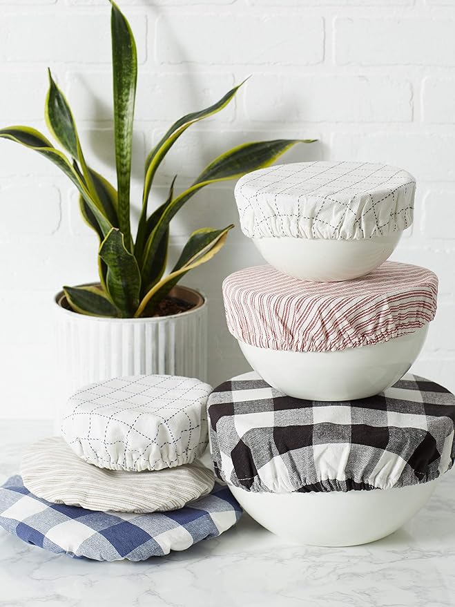 DII Reusable Cloth Bowl Cover Collection Machine Washable, Cotton with Elastic Stretch for Food Storage, 10.25"/8.25"/7.5" Diameter, Farmhouse Plaid, Gray, 3 Piece