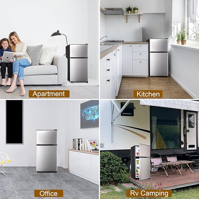 Mini Fridge with Freezer, 3.2 Cu. Ft. Apartment Size Refrigerator with Freezer, Dorm Fridges with Freezer Adjustable Thermostat, Small Refrigerator for Apartment, Office, Kitchen, Dorm, Silver