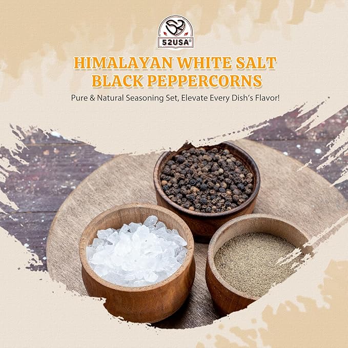 52USA Himalayan White Salt (Coarse Grain) 39 oz + Whole Black Peppercorns 18 oz, Salt and Pepper Grinder, Black Peppercorn Refil, Sea Salt for Grinder Refill