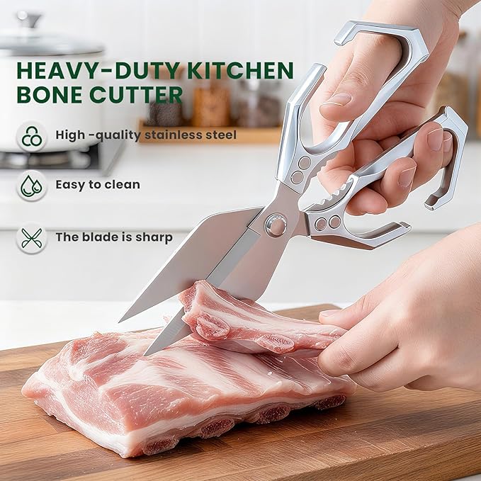 Heavy Duty Kitchen Scissors All purpose, poultry shears for food Cutting Meat, Chicken, Bones, Seafood, Herbs, Nuts, Packages, Culinary scissors with Ergonomic Handle Silver
