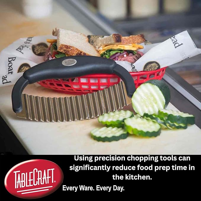 TableCraft H6610 Single Mezzaluna – Wavy Crinkle Cutter for Fruits, Vegetables, Pickles & Potatoes – Stainless Steel, One-Handed, Crinkle Cut Tool for Meal Prep – Easy to Clean, Dishwasher Safe- Small