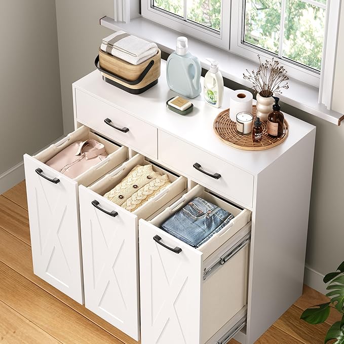 Laundry Hamper Cabinet with Pull-Out Bags, 2 Drawers & Top Shelf, Hidden Laundry Basket Storage, 3 x 15.87 Gallons, Laundry Storage Cabinet for Laundry Room, Bedroom White YL01XLW