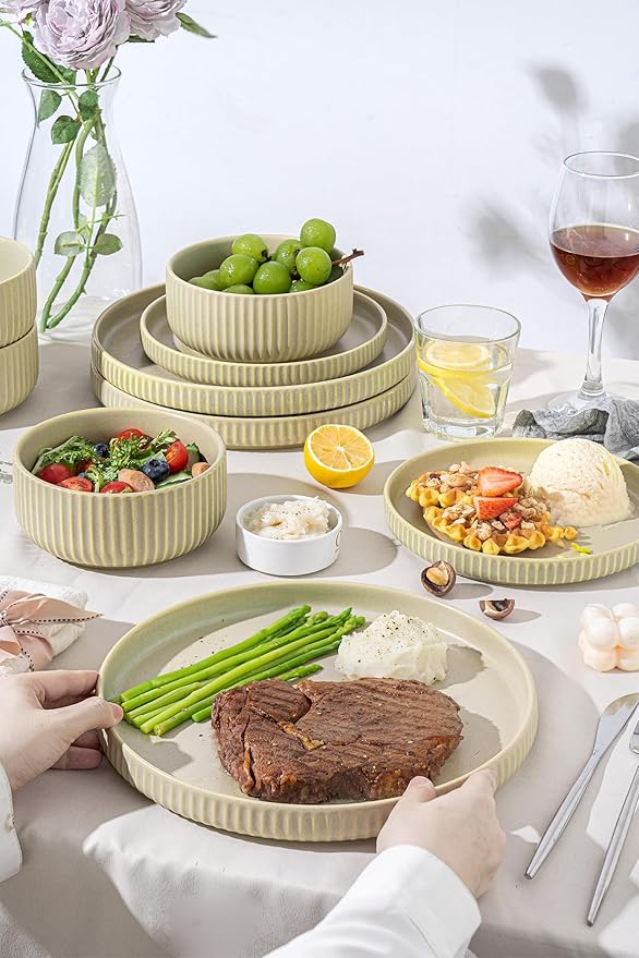 Healing Green Plates and Bowls Sets for 6,FOBENTA 18 Piece Ceramic Dinnerware Set – Dish Set for Light Living & Refreshing Everyday Rituals