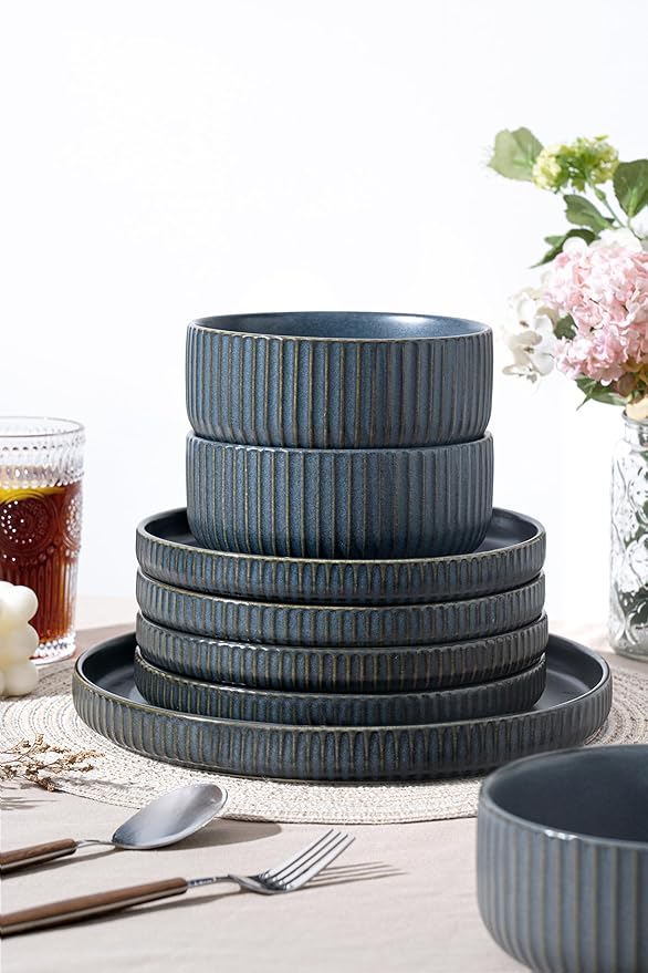 24 Piece Starry Blue Ceramic Dish Set,Plates and Bowls Set for 8,Dinnerware Sets for Hosting, Gifting & Everyday Serenity