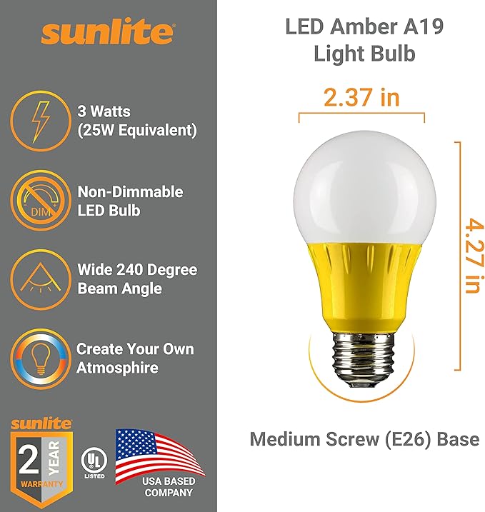 Sunlite 40472 LED A19 Colored Light Bulb, 3 Watts (25w Equivalent), E26 Medium Base, Non-Dimmable, UL Listed, Party Decoration, Holiday Lighting, 6 Count, Amber