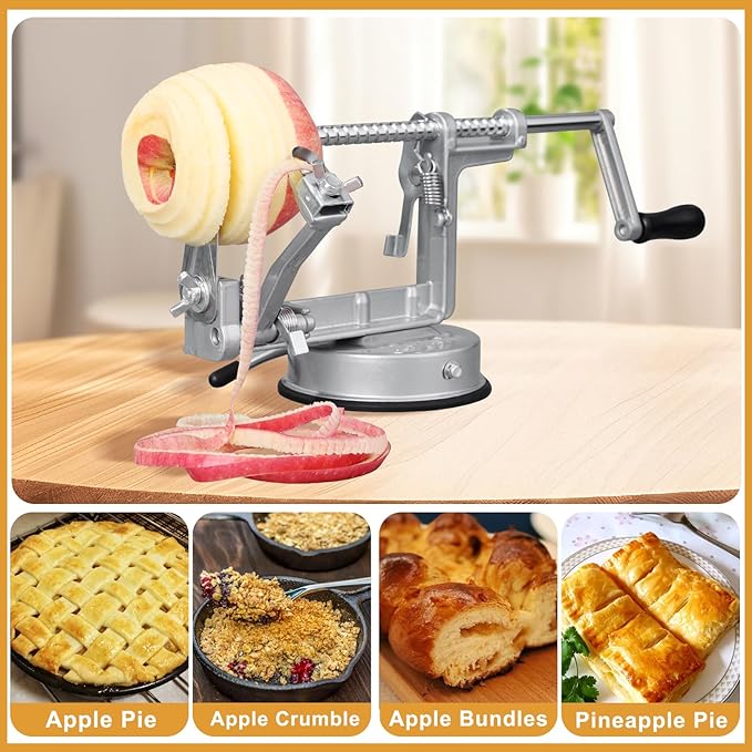 Apple Peeler Slicer Corer with Stainless Steel Blades and Powerful Suction Base for Apples Pears Potatoes(Grey)